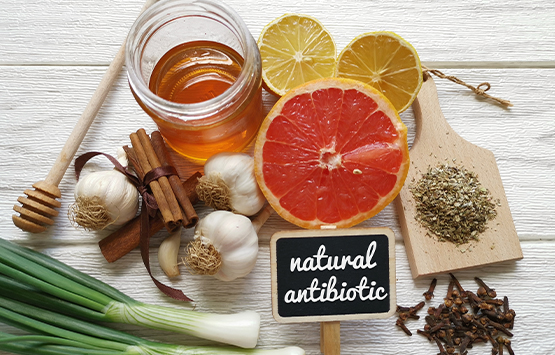 Image of 11 natural antibiotic foods like honey, garlic, and oregano