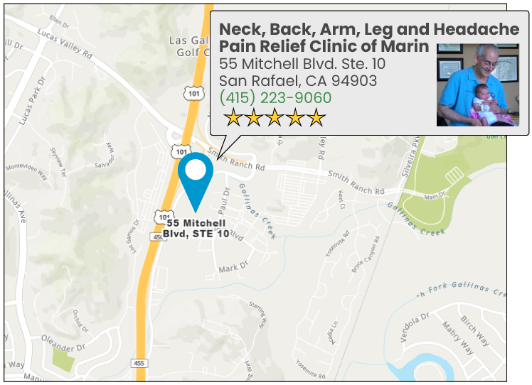 map of Neck, Back, Arm, Leg and Headache Pain Relief Clinic of Marin